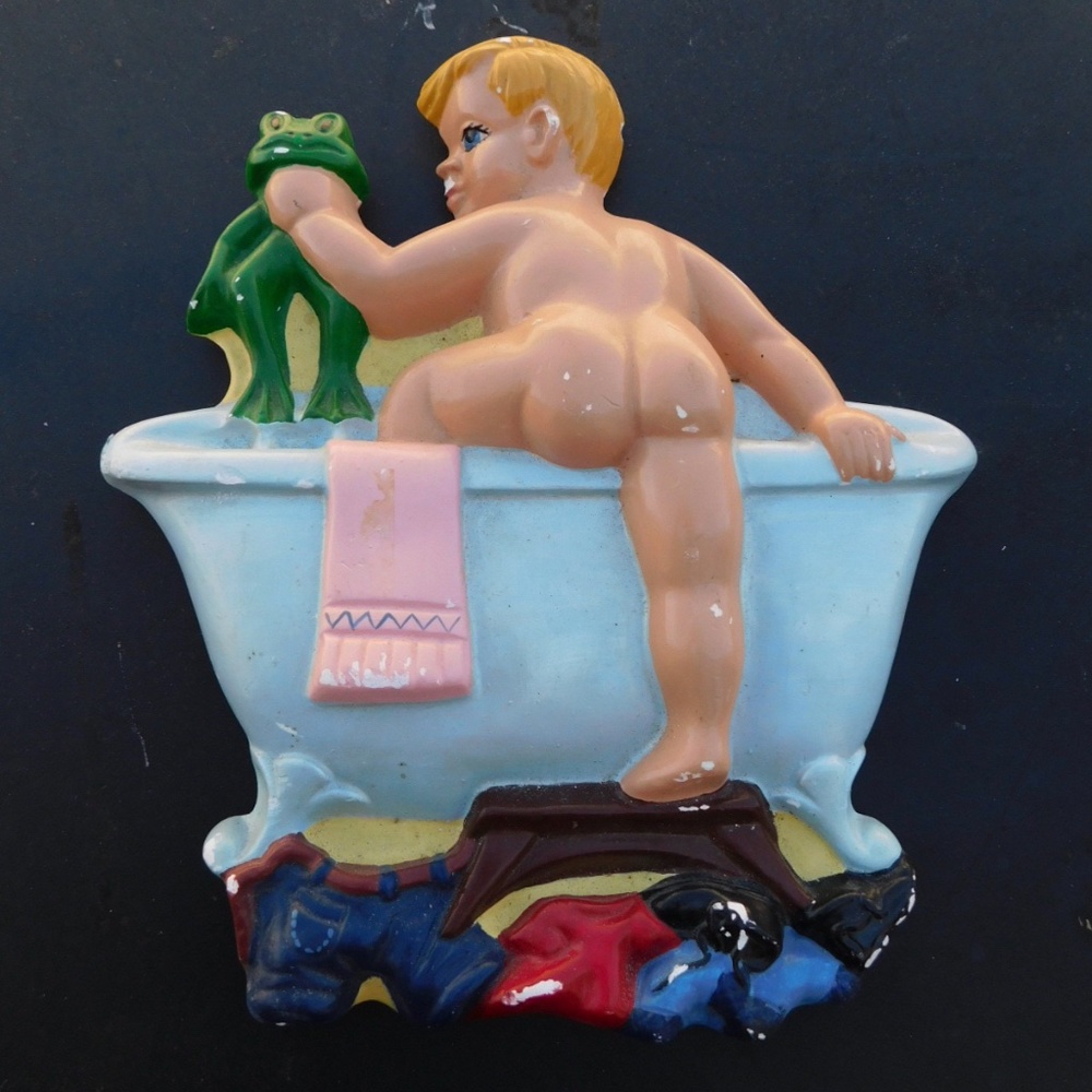 Sexton Boy taking frog into tub Plaster Wall Decor 1970's